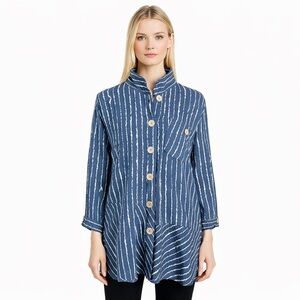John Mark Blue Striped Tunic Artsy Boho Asymmetrical Accents Wire Collar Size M